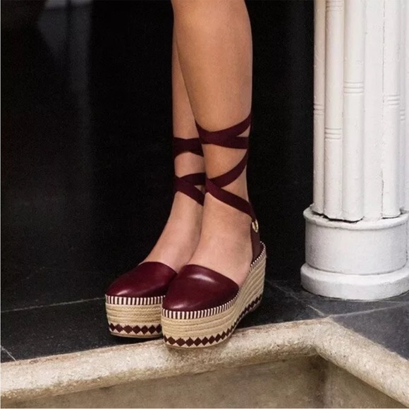TORY BURCH Dandy Burgundy Leather Espadrille Platform Shoe - Picture 2 of 6